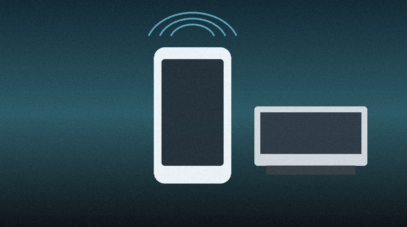 Smartphone hotspot arcs connecting to a laptop on a dim travel desk, watermark-free editorial
